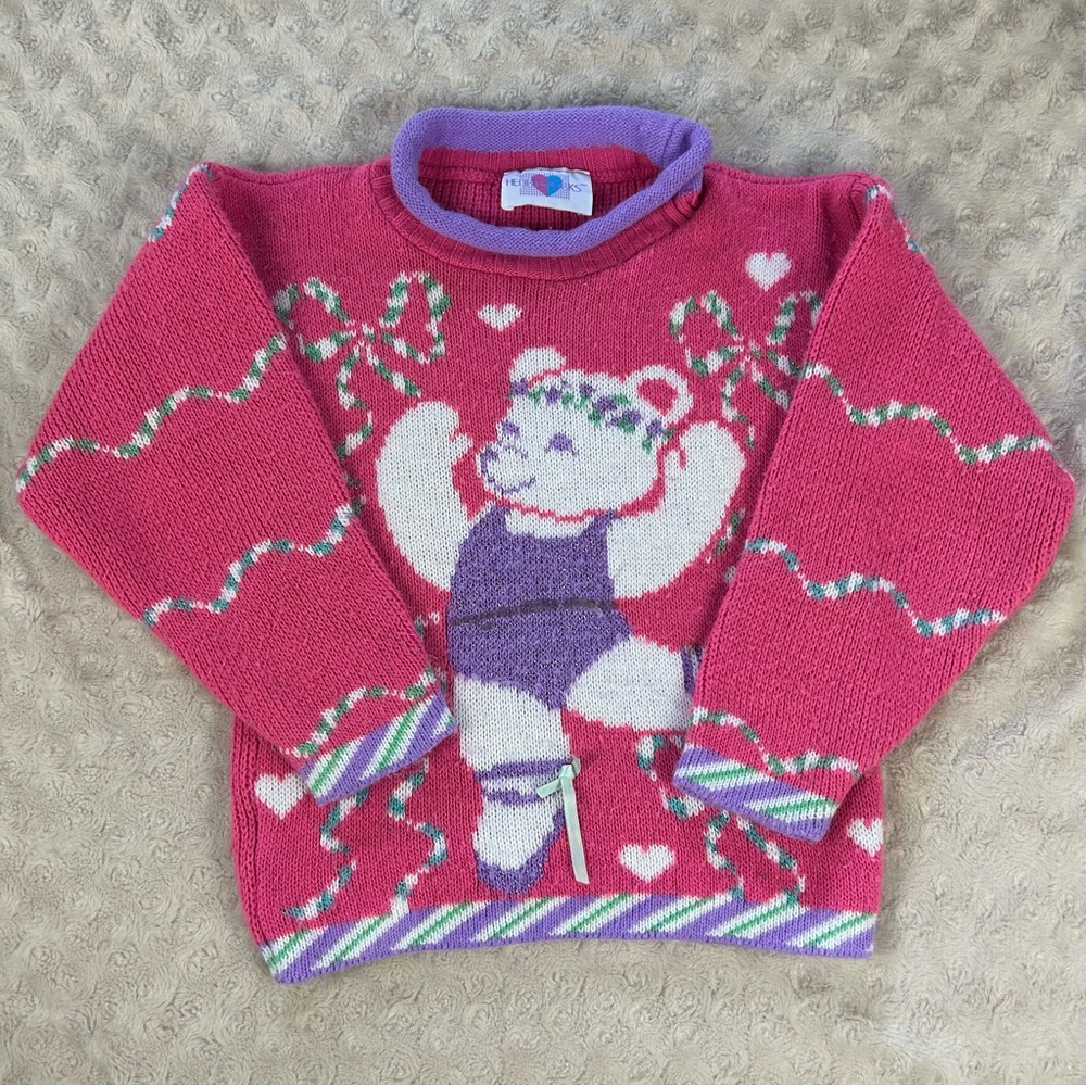 Vintage 90’s Heartworks Dancing Bear Sweater Pink Purple USA Made Size 4